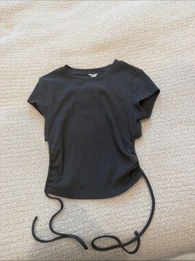 Ribbed Side-Tie Short Sleeve Top - Black